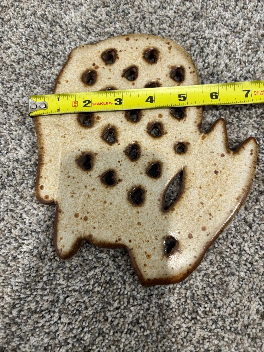 Vintage Stoneware Rabbit Trivet w/Speckled Glaze & Cut-Out Heart Shapes